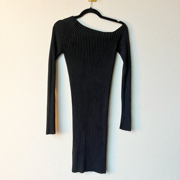 Helmut Lang Black Ribbed Dress Asymmetrical Neckline Size L - Picture 4 of 6